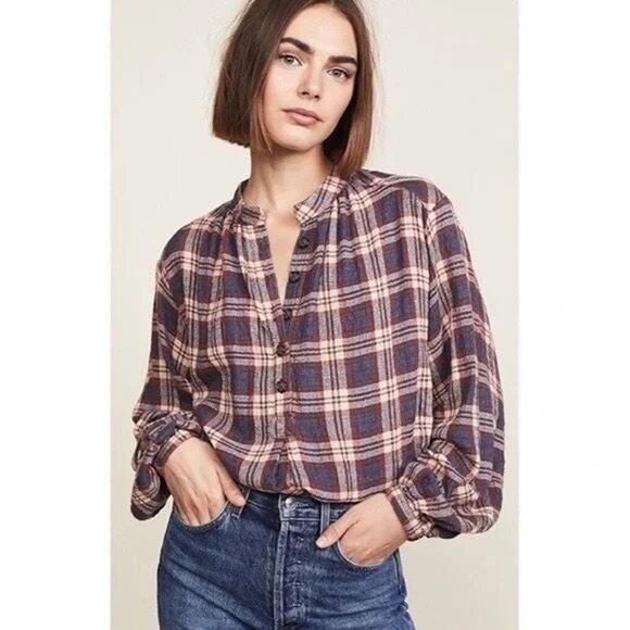 Free People Northern Bound Flannel Plaid Blue Red Pullover Tunic Top L - Picture 1 of 8
